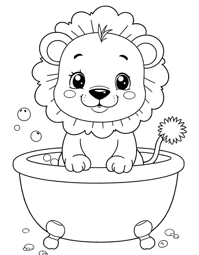 Baby lion bathing in a tub coloring page